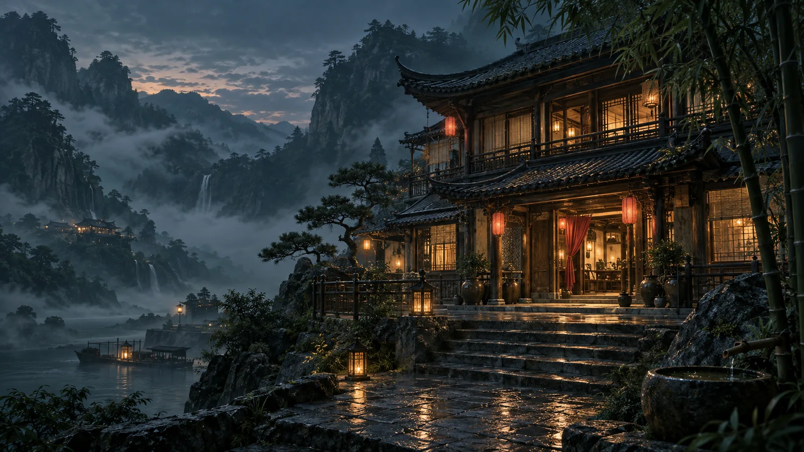 暮色青山间的临水客栈，檐下灯笼与窗内暖光映亮归栈的石阶